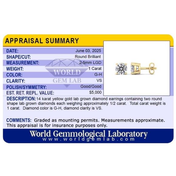 1 CT Lab Grown Diamond Stud Earrings | G VS | 14K Gold Yellow, White or Rose - Picture 7 of 9